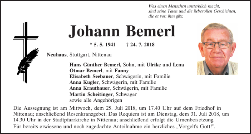  Traueranzeige für Johann Bemerl vom 25.07.2018 aus Mittelbayerische Zeitung Schwandorf