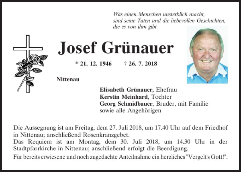  Traueranzeige für Josef Grünauer vom 27.07.2018 aus Mittelbayerische Zeitung Regensburg