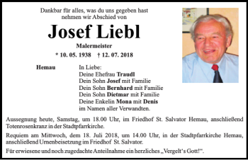 Traueranzeige von Josef Liebl von Mittelbayerische Zeitung Regensburg