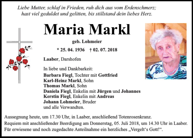  Traueranzeige für Maria Markl vom 04.07.2018 aus Neumarkter Tagblatt