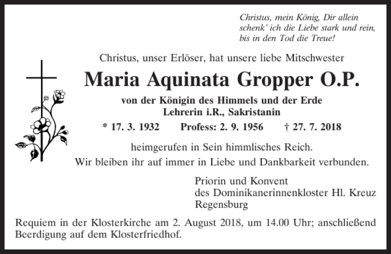  Traueranzeige für Maria Aquinata Gropper O.P. vom 31.07.2018 aus Mittelbayerische Zeitung Regensburg