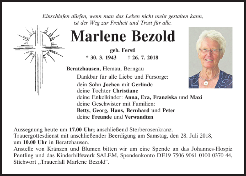  Traueranzeige für Marlene Bezold vom 27.07.2018 aus Mittelbayerische Zeitung Regensburg