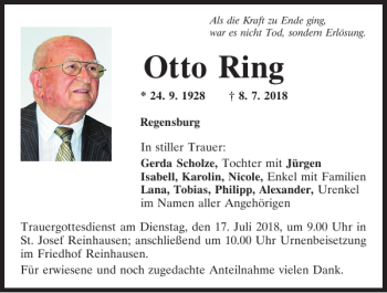 Traueranzeige von Otto Ring von Mittelbayerische Zeitung Regensburg