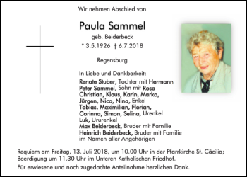 Traueranzeige von Paula Sammel von Mittelbayerische Zeitung Regensburg