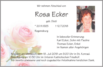 Traueranzeige von Rosa Ecker von Mittelbayerische Zeitung Regensburg