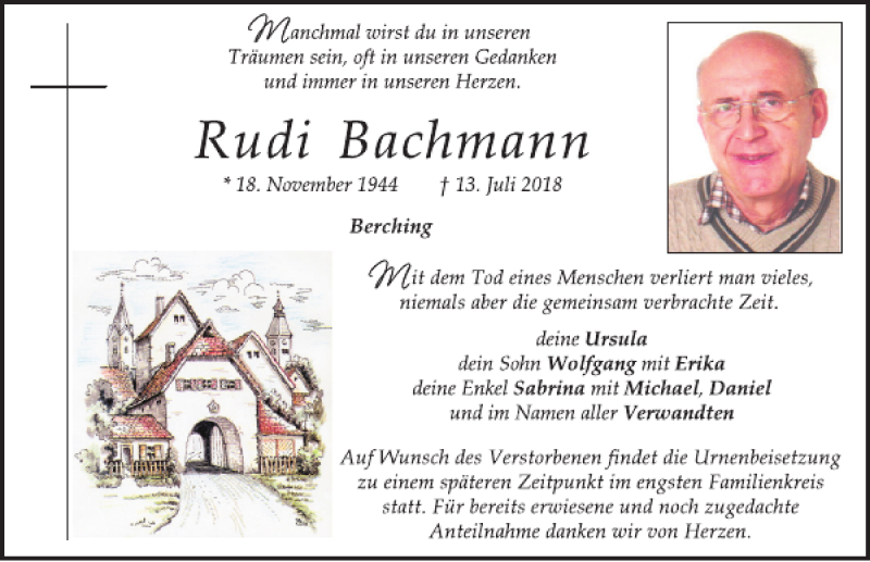  Traueranzeige für Rudi Bachmann vom 17.07.2018 aus Neumarkter Tagblatt