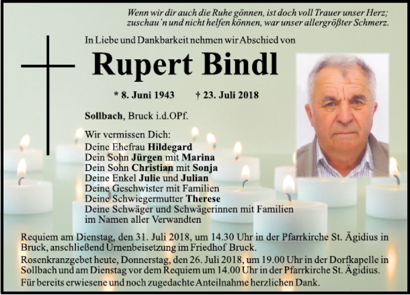  Traueranzeige für Rupert Bindl vom 26.07.2018 aus Mittelbayerische Zeitung Schwandorf