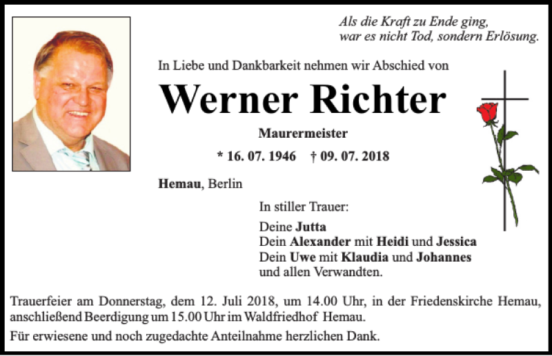  Traueranzeige für Werner Richter vom 11.07.2018 aus Mittelbayerische Zeitung Regensburg