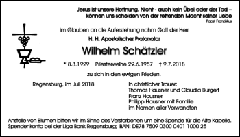 Traueranzeige von Wilhelm Schätzler von Mittelbayerische Zeitung Regensburg