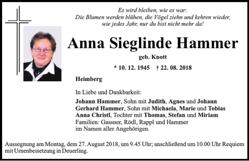  Traueranzeige für Anna Sieglinde Hammer vom 25.08.2018 aus Mittelbayerische Zeitung Regensburg