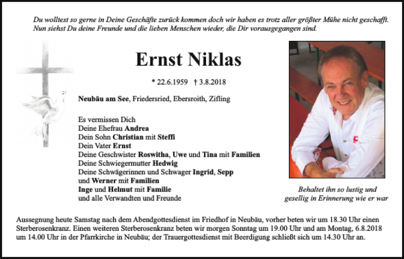  Traueranzeige für Ernst Niklas vom 04.08.2018 aus Bayerwald Echo