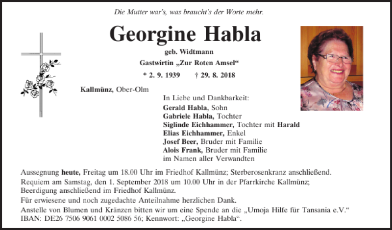  Traueranzeige für Georgine Habla vom 31.08.2018 aus Mittelbayerische Zeitung Schwandorf