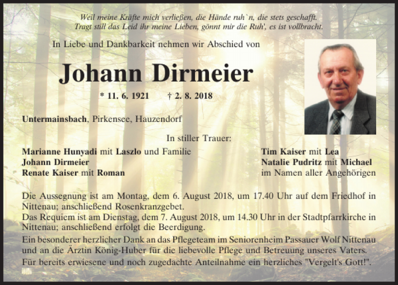  Traueranzeige für Johann Dirmeier vom 04.08.2018 aus Mittelbayerische Zeitung Regensburg