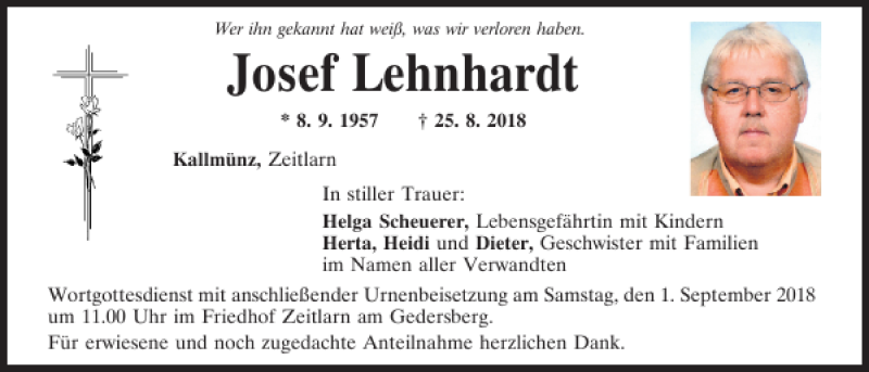  Traueranzeige für Josef Lehnhardt vom 29.08.2018 aus Mittelbayerische Zeitung Regensburg