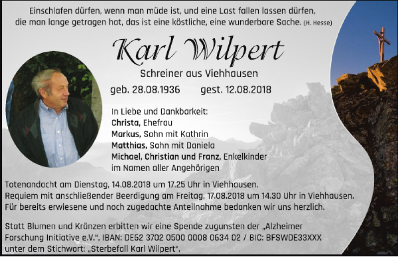  Traueranzeige für Karl Wilpert vom 14.08.2018 aus Mittelbayerische Zeitung Regensburg