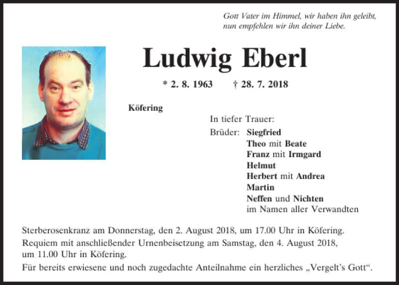  Traueranzeige für Ludwig Eberl vom 01.08.2018 aus Mittelbayerische Zeitung Regensburg