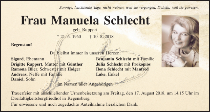  Traueranzeige für Manuela Schlecht vom 14.08.2018 aus Mittelbayerische Zeitung Regensburg