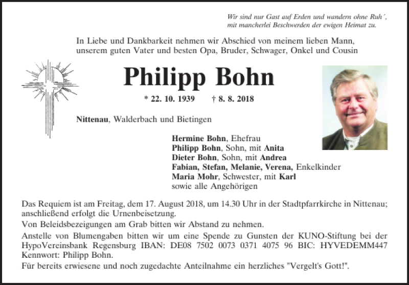  Traueranzeige für Philipp Bohn vom 14.08.2018 aus Mittelbayerische Zeitung Schwandorf