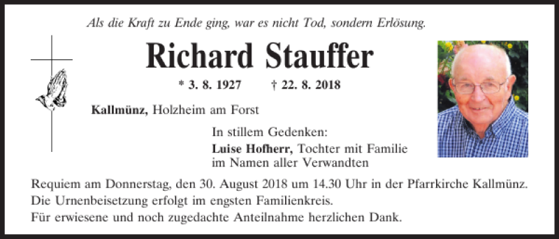  Traueranzeige für Richard Stauffer vom 25.08.2018 aus Mittelbayerische Zeitung Regensburg