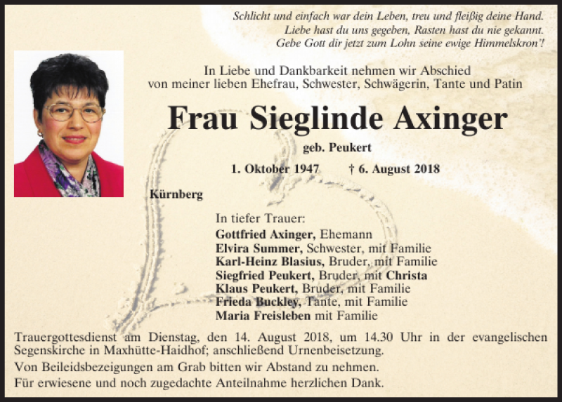  Traueranzeige für Sieglinde Axinger vom 11.08.2018 aus Mittelbayerische Zeitung Schwandorf