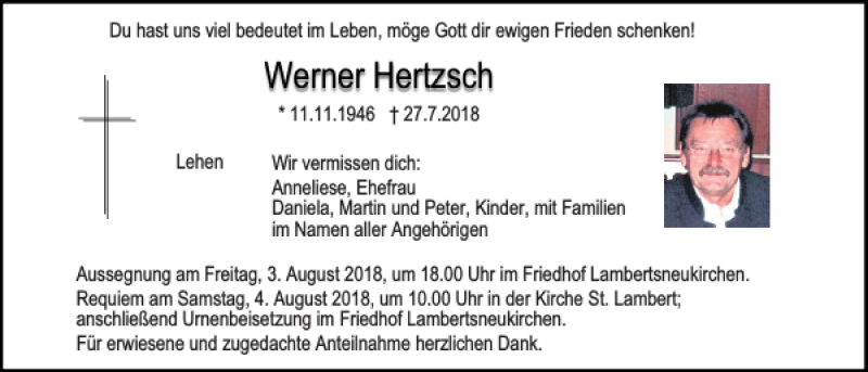  Traueranzeige für Werner Hertzsch vom 01.08.2018 aus Mittelbayerische Zeitung Regensburg