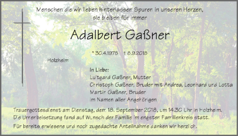  Traueranzeige für Adalbert Gaßner vom 15.09.2018 aus Mittelbayerische Zeitung Regensburg