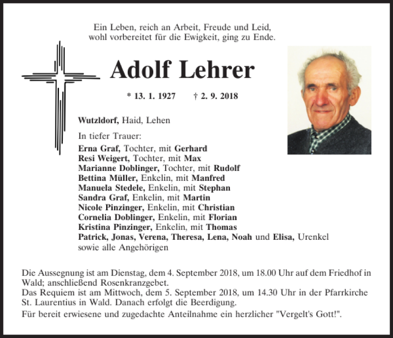  Traueranzeige für Adolf Lehrer vom 04.09.2018 aus Mittelbayerische Zeitung Regensburg