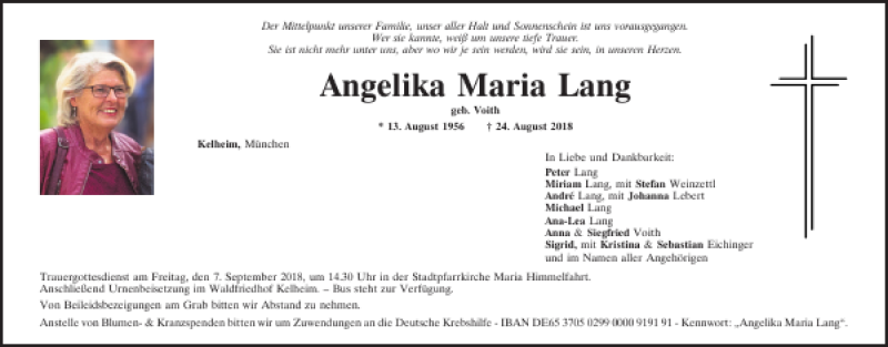  Traueranzeige für Angelika Maria Lang vom 04.09.2018 aus Mittelbayerische Zeitung Kelheim