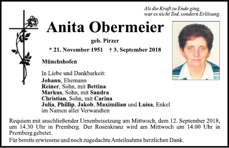  Traueranzeige für Anita Obermeier vom 10.09.2018 aus Mittelbayerische Zeitung Schwandorf