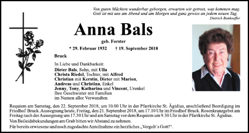  Traueranzeige für Anna Bals vom 21.09.2018 aus Mittelbayerische Zeitung Regensburg