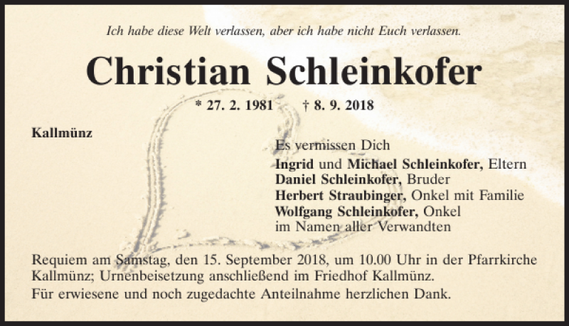  Traueranzeige für Christian Schleinkofer vom 14.09.2018 aus Mittelbayerische Zeitung Regensburg