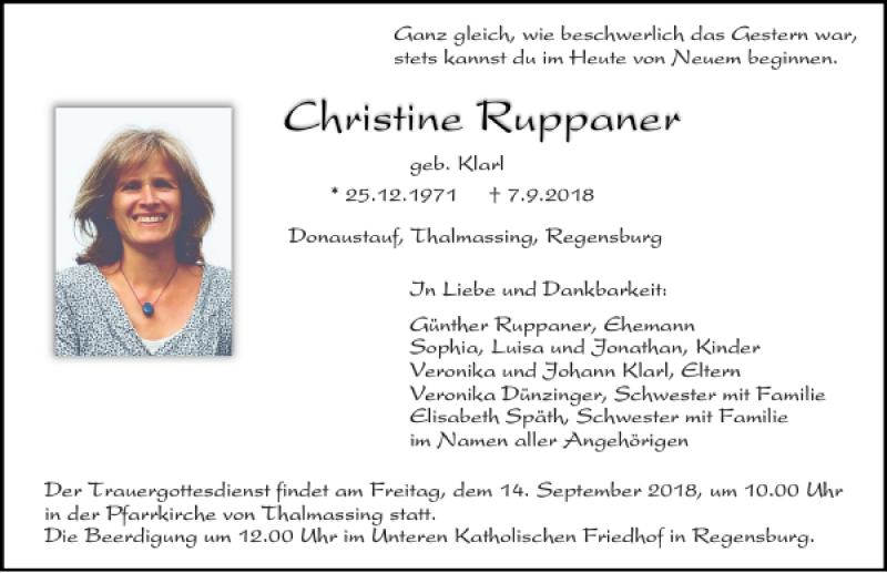  Traueranzeige für Christine Ruppaner vom 12.09.2018 aus Mittelbayerische Zeitung Regensburg