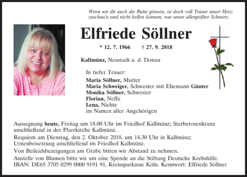  Traueranzeige für Elfriede Söllner vom 28.09.2018 aus Mittelbayerische Zeitung Regensburg