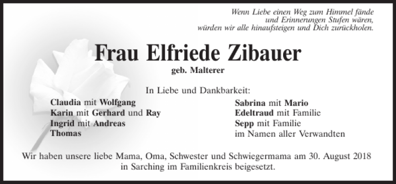  Traueranzeige für Elfriede Zibauer vom 01.09.2018 aus Mittelbayerische Zeitung Regensburg