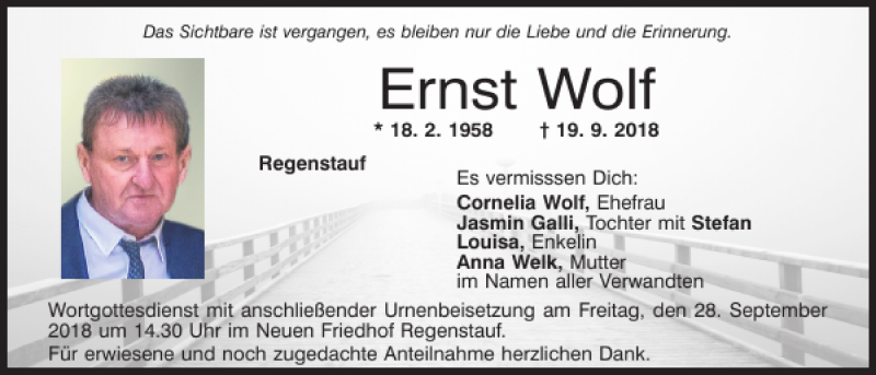  Traueranzeige für Ernst Wolf vom 26.09.2018 aus Mittelbayerische Zeitung Regensburg