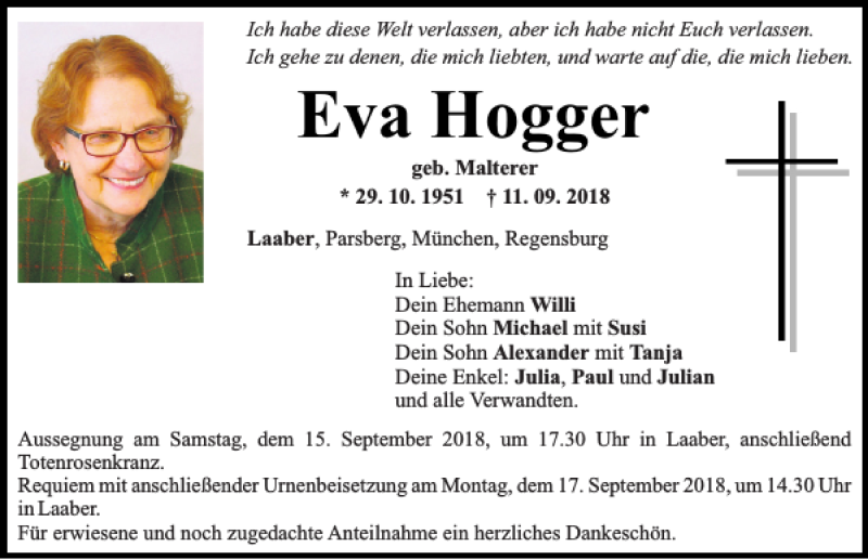  Traueranzeige für Eva Hogger vom 14.09.2018 aus Mittelbayerische Zeitung Gesamtausgabe