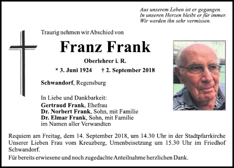  Traueranzeige für Franz Frank vom 08.09.2018 aus Mittelbayerische Zeitung Schwandorf