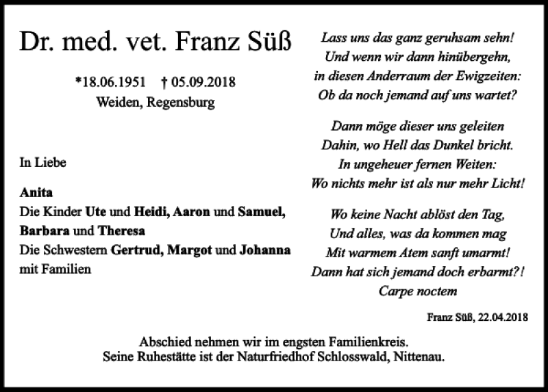  Traueranzeige für Franz Süß vom 08.09.2018 aus Mittelbayerische Zeitung Regensburg