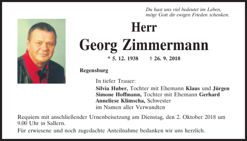  Traueranzeige für Georg Zimmermann vom 29.09.2018 aus Mittelbayerische Zeitung Regensburg