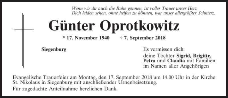  Traueranzeige für Günter Oprotkowitz vom 13.09.2018 aus Mittelbayerische Zeitung Kelheim