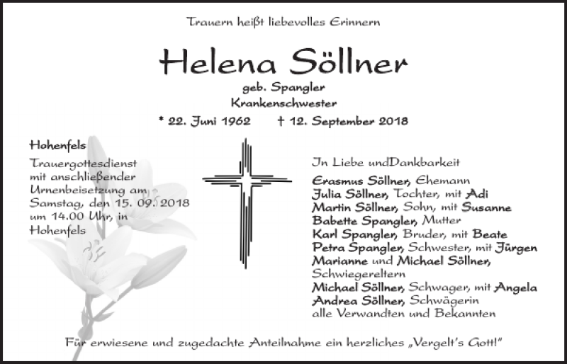  Traueranzeige für Helena Söllner vom 14.09.2018 aus Neumarkter Tagblatt