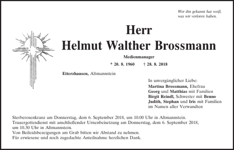  Traueranzeige für Helmut Walther Brossmann vom 01.09.2018 aus Mittelbayerische Zeitung Regensburg