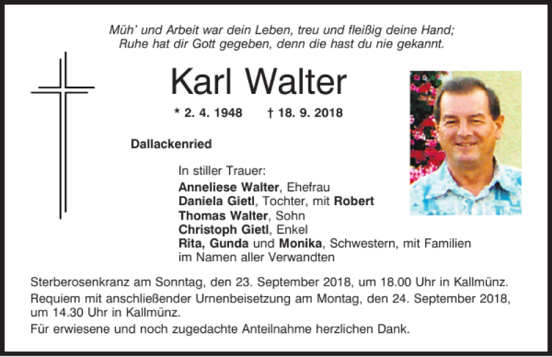  Traueranzeige für Karl Walter vom 20.09.2018 aus Mittelbayerische Zeitung Regensburg