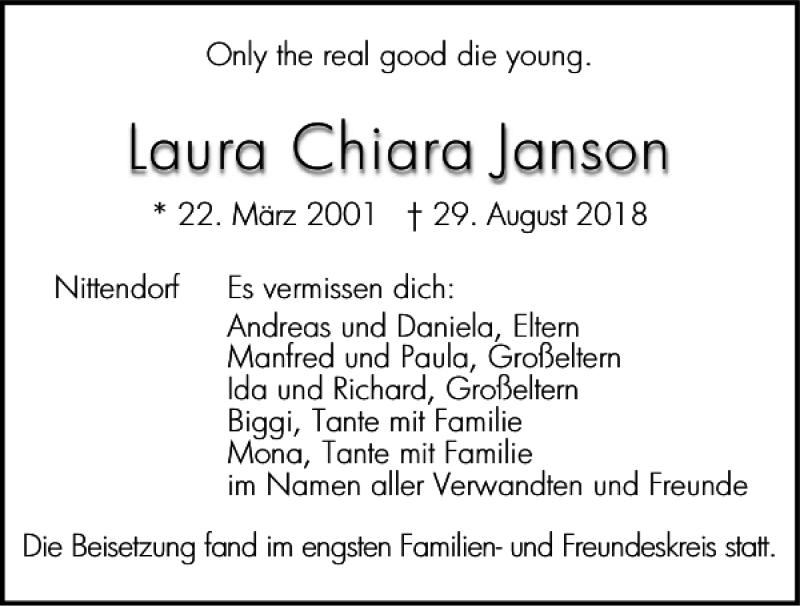  Traueranzeige für Laura Chiara Janson vom 08.09.2018 aus Mittelbayerische Zeitung Regensburg