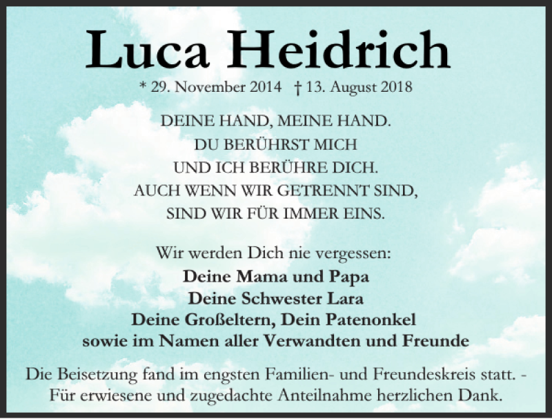  Traueranzeige für Luca Heidrich vom 08.09.2018 aus Neumarkter Tagblatt