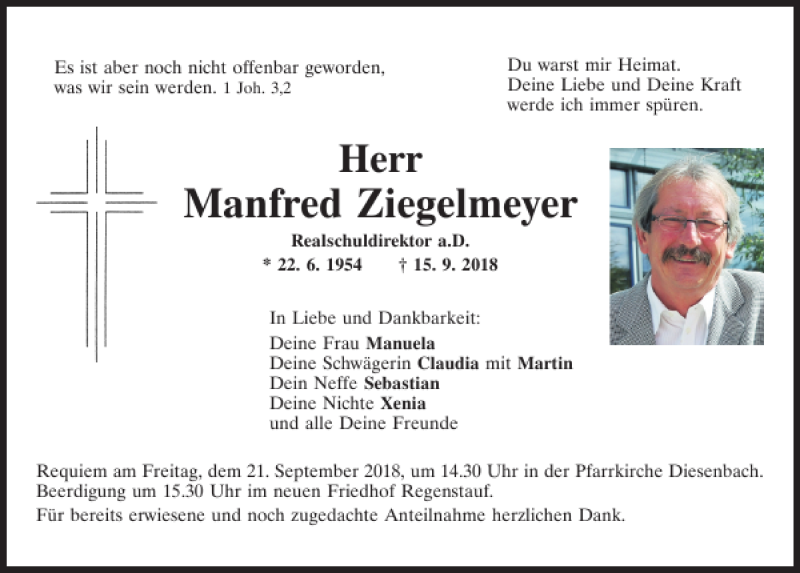  Traueranzeige für Manfred Ziegelmeyer vom 19.09.2018 aus Mittelbayerische Zeitung Regensburg