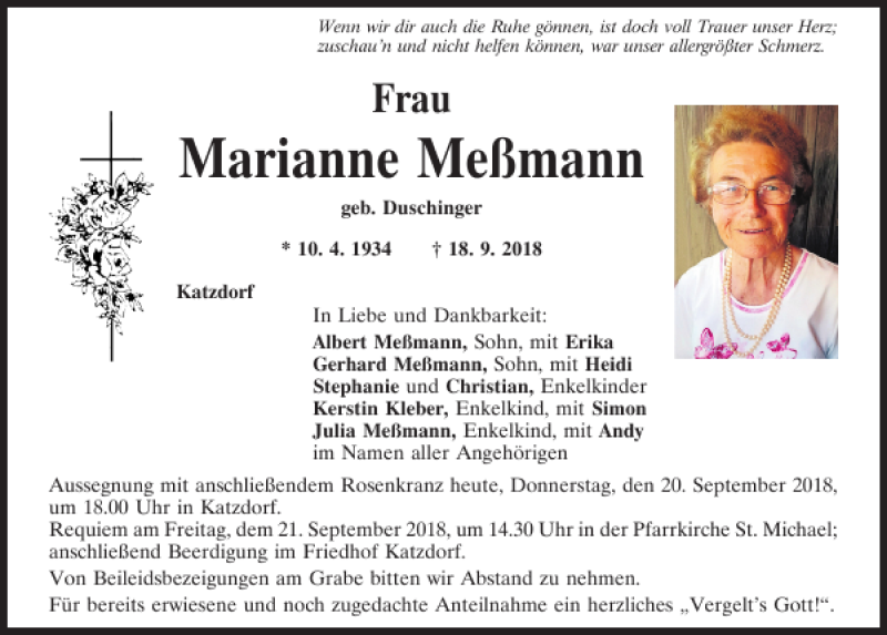  Traueranzeige für Marianne Meßmann vom 20.09.2018 aus Mittelbayerische Zeitung Schwandorf