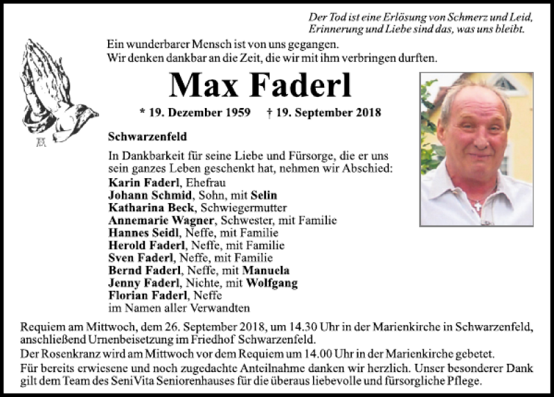  Traueranzeige für Max Faderl vom 22.09.2018 aus Mittelbayerische Zeitung Schwandorf