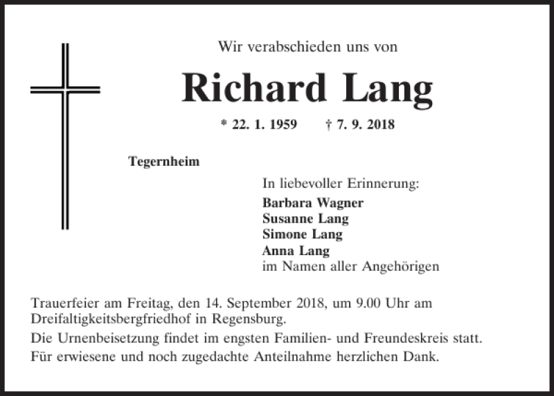  Traueranzeige für Richard Lang vom 12.09.2018 aus Mittelbayerische Zeitung Regensburg