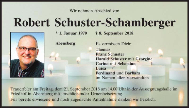  Traueranzeige für Robert Schuster-Schamberger vom 19.09.2018 aus Mittelbayerische Zeitung Kelheim